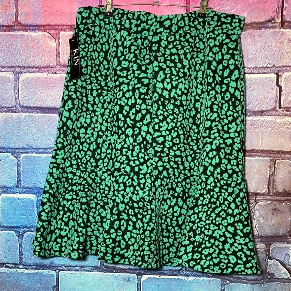 Women's Anthropology + Kin Green Patterned Midi-Skirt With Cheetah Print Size 2